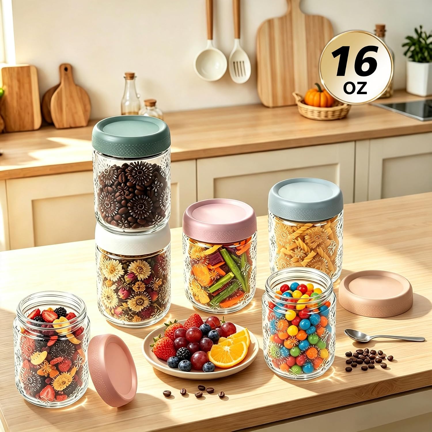 Birchmont 6 PCS 16 oz Overnight Oats Containers with Lids, Glass jars with Airtight Lids