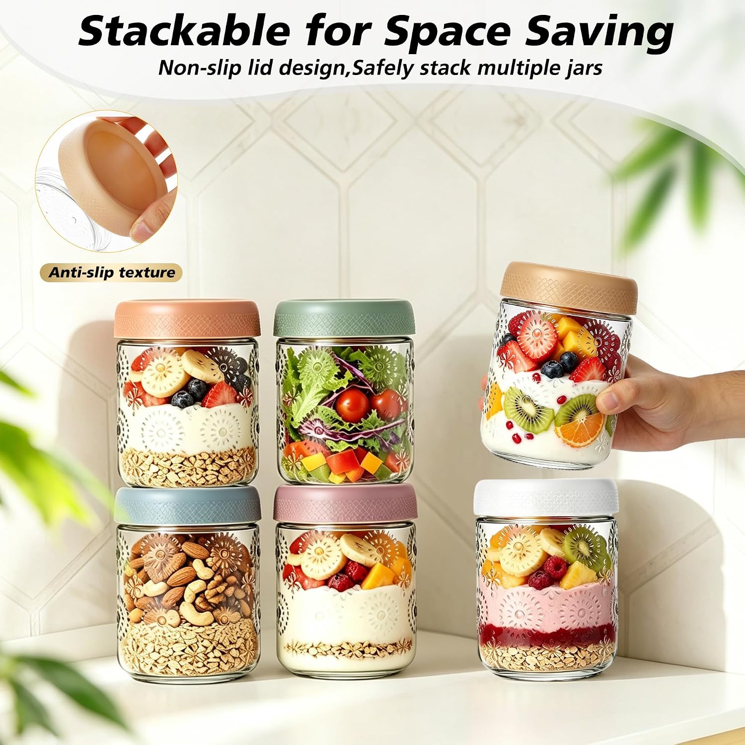 Birchmont 6 PCS 16 oz Overnight Oats Containers with Lids, Glass jars with Airtight Lids