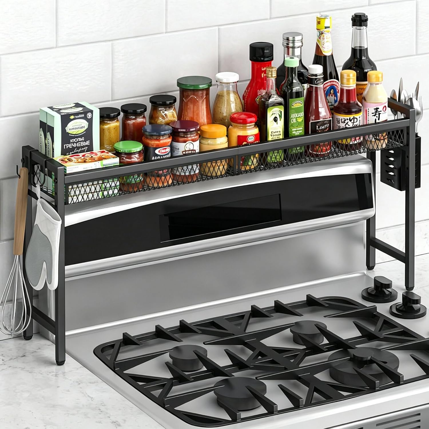Aldernest 33 Inch Stove Top Shelf, 5-Level Height Adjustable, Black