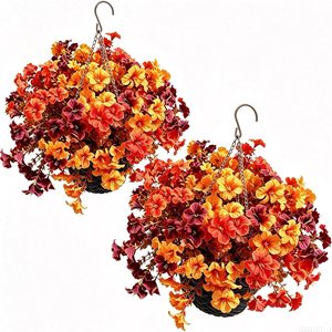 Ashenby 2 Pack Artificial Fall Flowers for Outdoors with Fall Hanging Baskets, 2.4 pounds, Orange