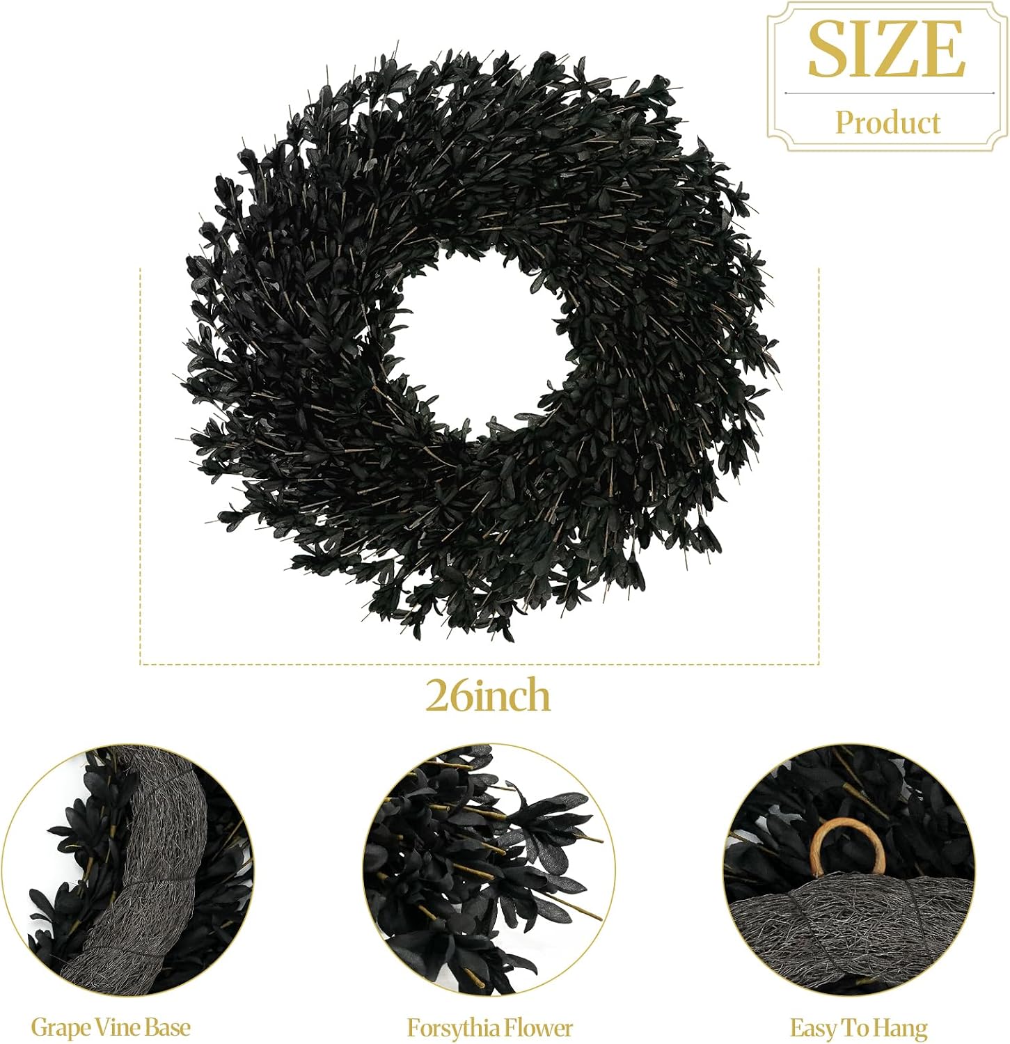 Ashenby 26'' Large Black Artificial Forsythia Halloween Wreath for Front Door, 2.17 Feet