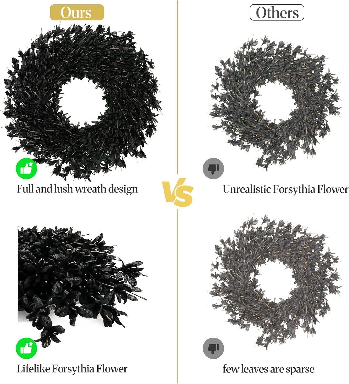 Ashenby 26'' Large Black Artificial Forsythia Halloween Wreath for Front Door, 2.17 Feet