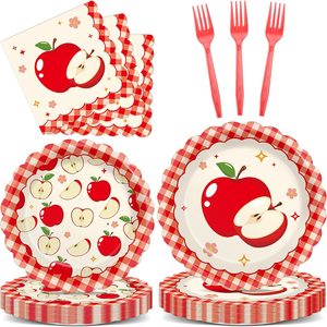 Aldernest 96Pcs Fall Apple Party Supplies Apple Scalloped Plates Napkins Tableware