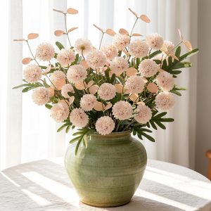 Aldernest 8 Pcs Faux Silk Pompon Mum Artificial Flowers with 8 pcs Eucalyptus, Light Pink, 16 Count