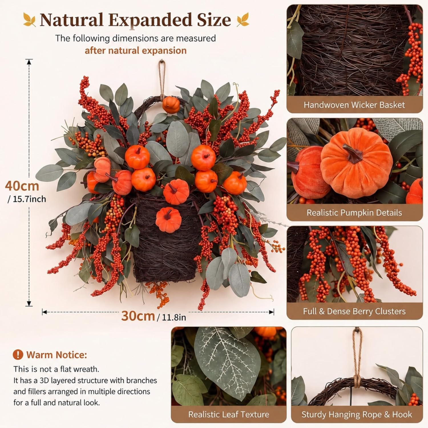Aldernest Thanksgiving Basket Wreath for Front Door 16 In Fall Pumpkin Wreath, Orange, Green, Brown