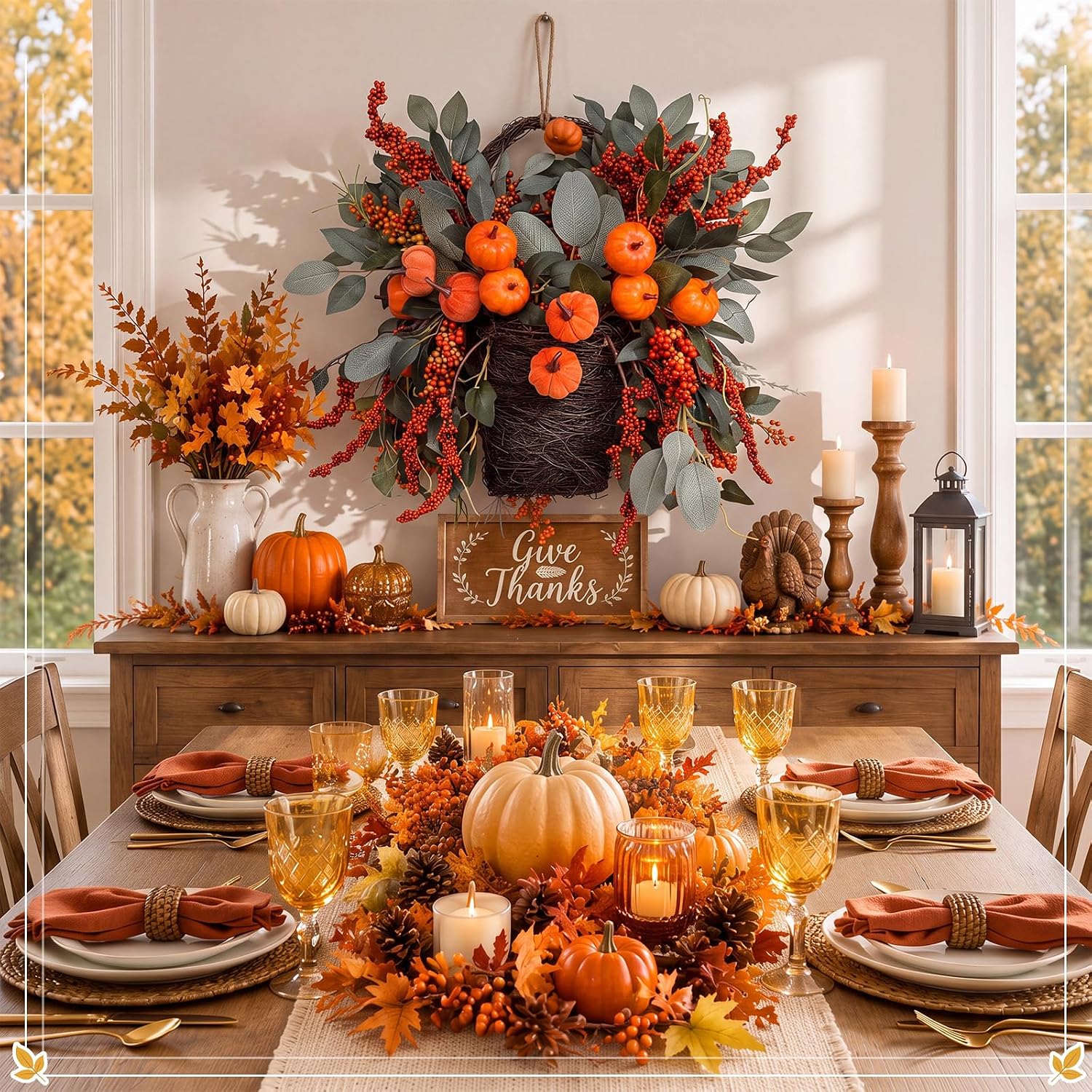 Aldernest Thanksgiving Basket Wreath for Front Door 16 In Fall Pumpkin Wreath, Orange, Green, Brown