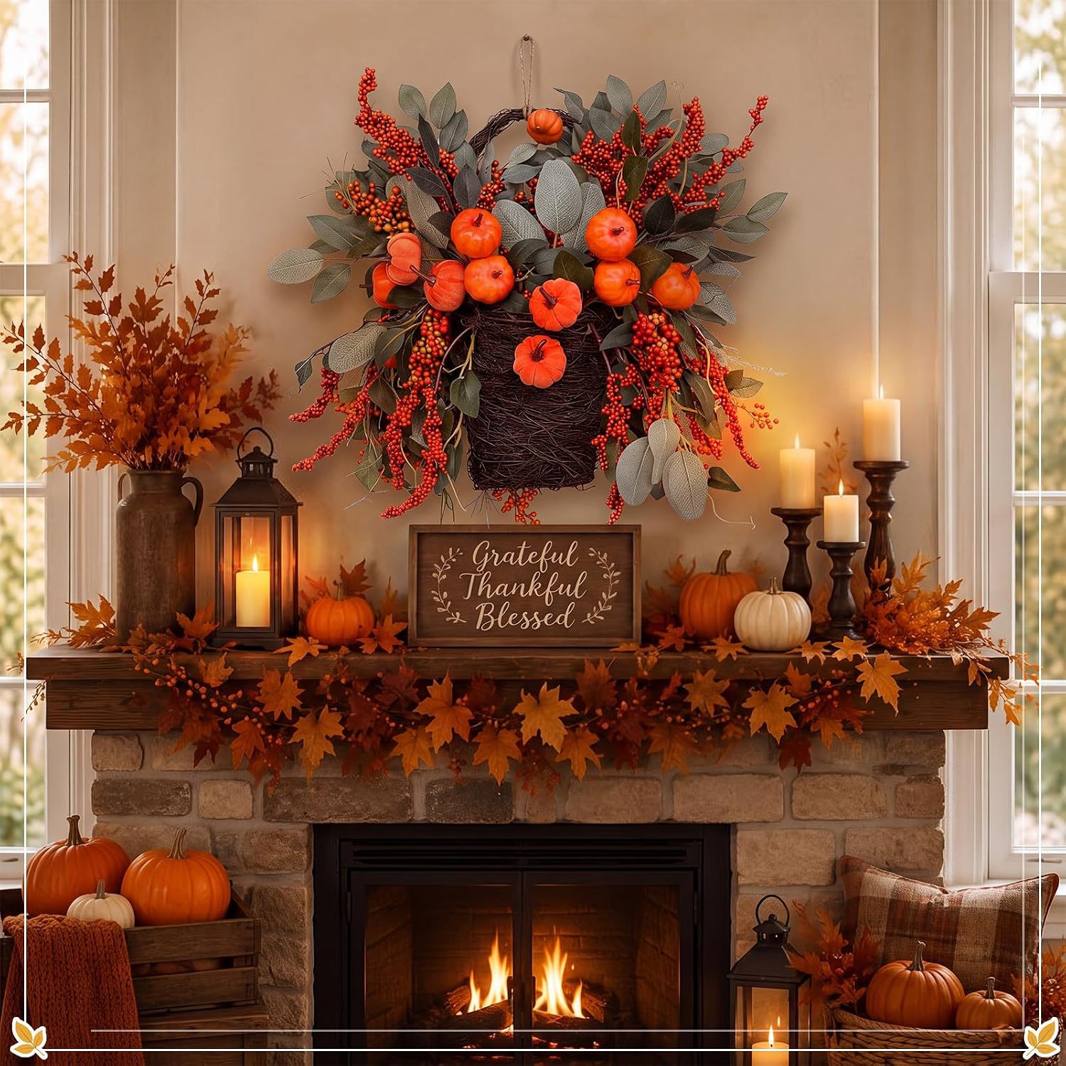 Aldernest Thanksgiving Basket Wreath for Front Door 16 In Fall Pumpkin Wreath, Orange, Green, Brown