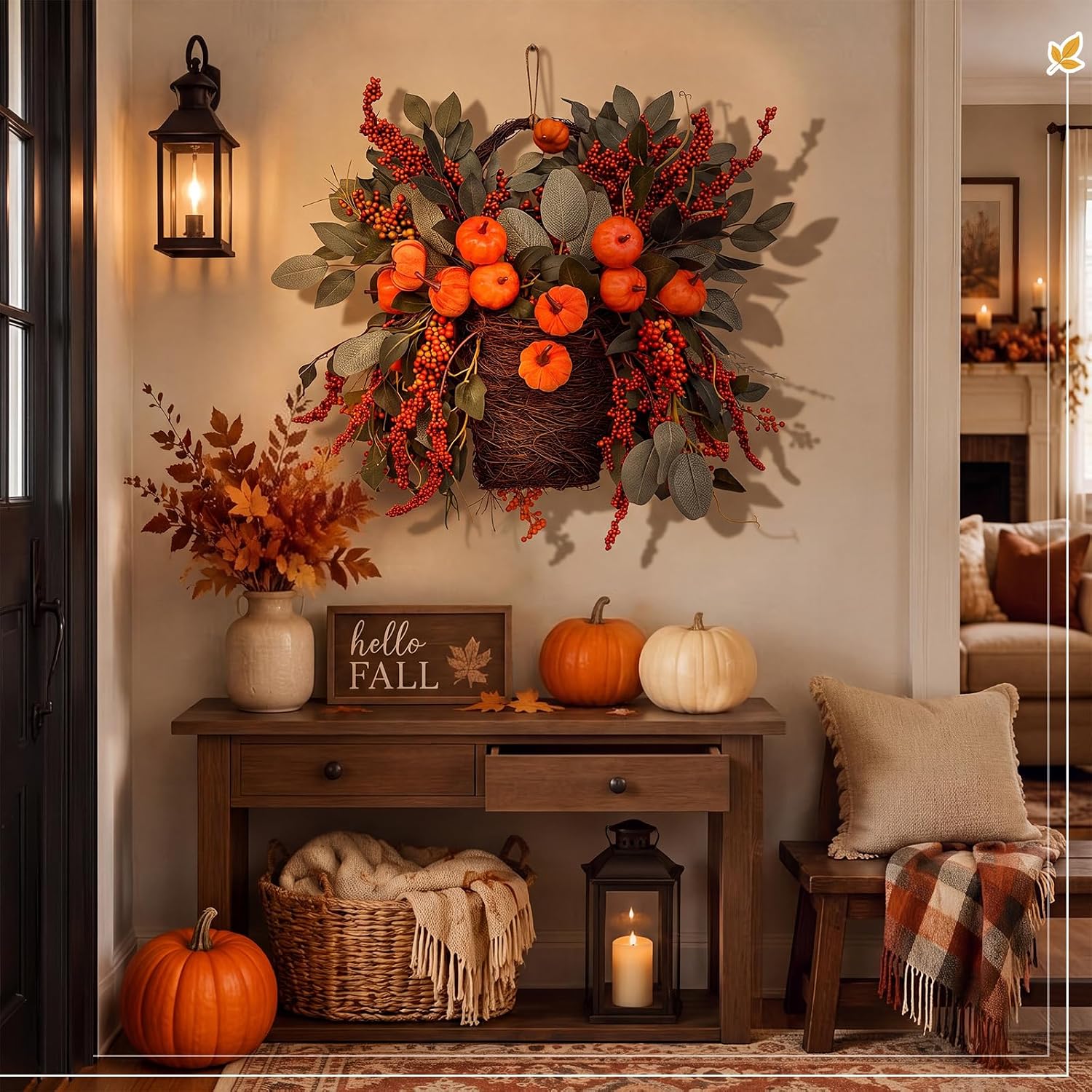 Aldernest Thanksgiving Basket Wreath for Front Door 16 In Fall Pumpkin Wreath, Orange, Green, Brown