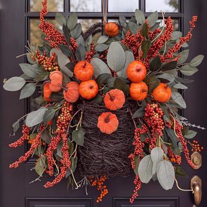 Aldernest Thanksgiving Basket Wreath for Front Door 16 In Fall Pumpkin Wreath, Orange, Green, Brown