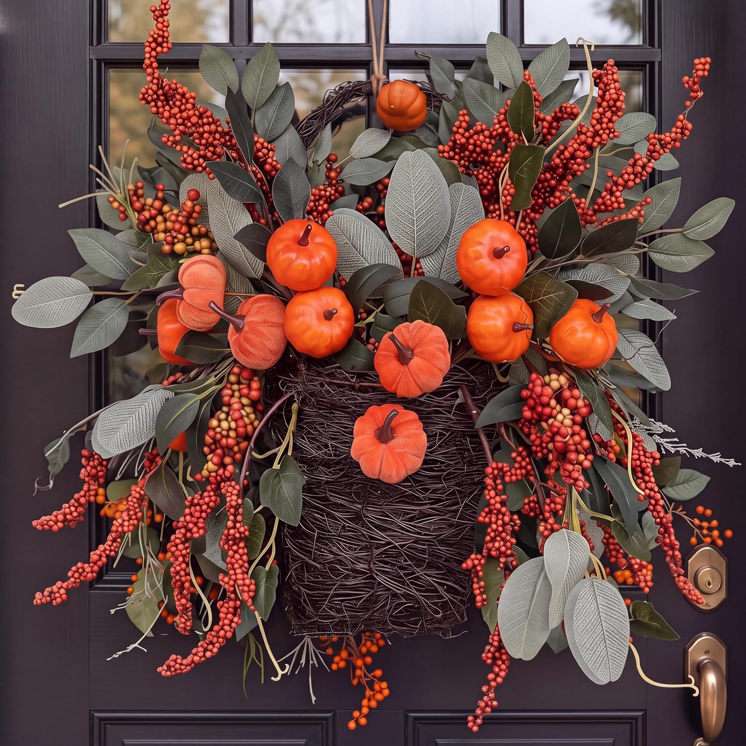 Aldernest Thanksgiving Basket Wreath for Front Door 16 In Fall Pumpkin Wreath, Orange, Green, Brown
