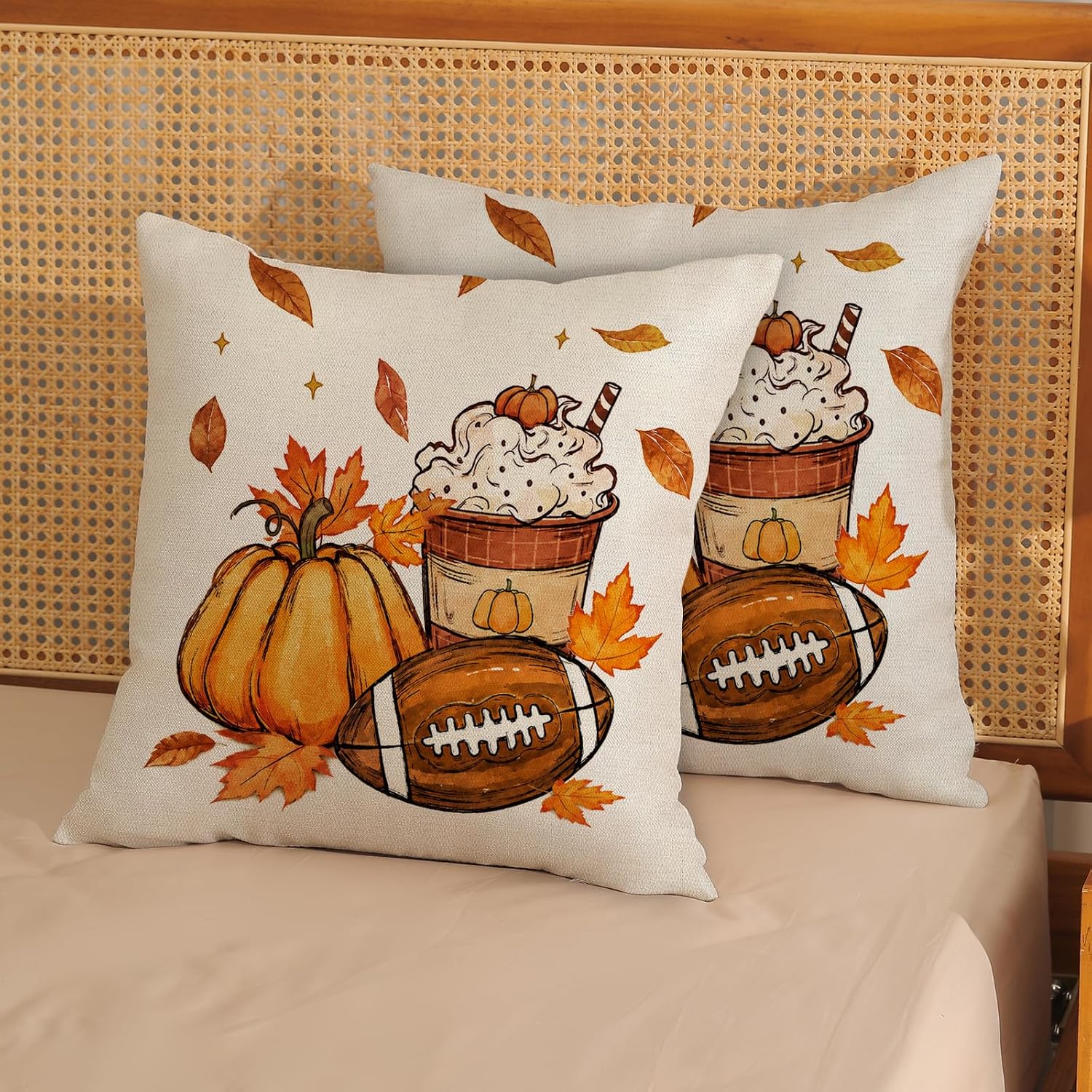 Aldernest Fall Pumpkin Maple Leaf Football Pillow Covers 18x18 Set of 2, Orange Pumpkin Football