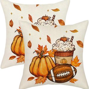 Aldernest Fall Pumpkin Maple Leaf Football Pillow Covers 18x18 Set of 2, Orange Pumpkin Football