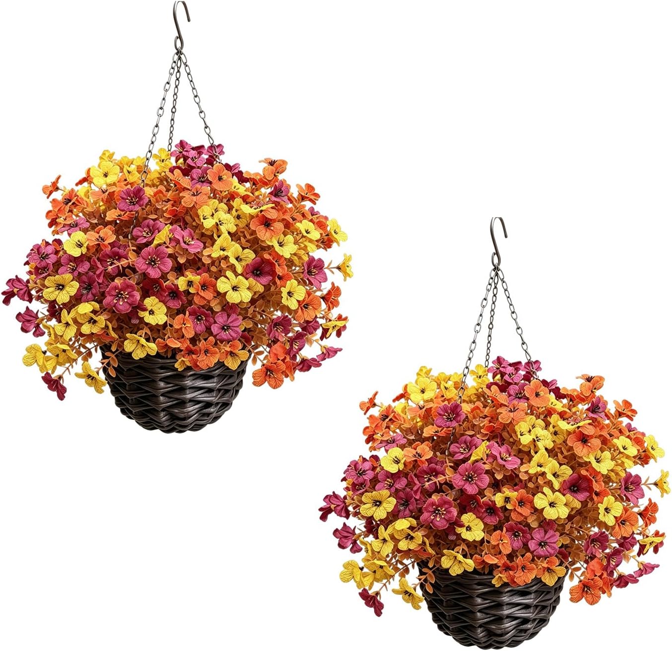 Ashenby Artificial Fall Flowers for Outdoors 2 Pack Fall Hanging Baskets, 1.5 pounds, Orange, Yellow, and Burgundy Red