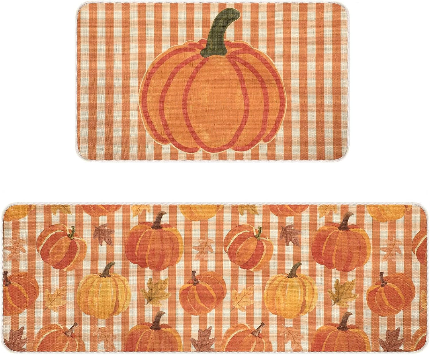 Aldernest Fall Kitchen Rugs Set of 2 Pumpkin Maples Plaid Kitchen Mats, 8.64 ounces, 17 x 29.2 inch, 17 x 47.3 inch, Orange, Yellow