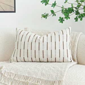 VelloHome Neutral Striped Linen Lumbar Throw Pillow Cover, 12 x 20 inch, 1PCS, Greige Bold Stripe
