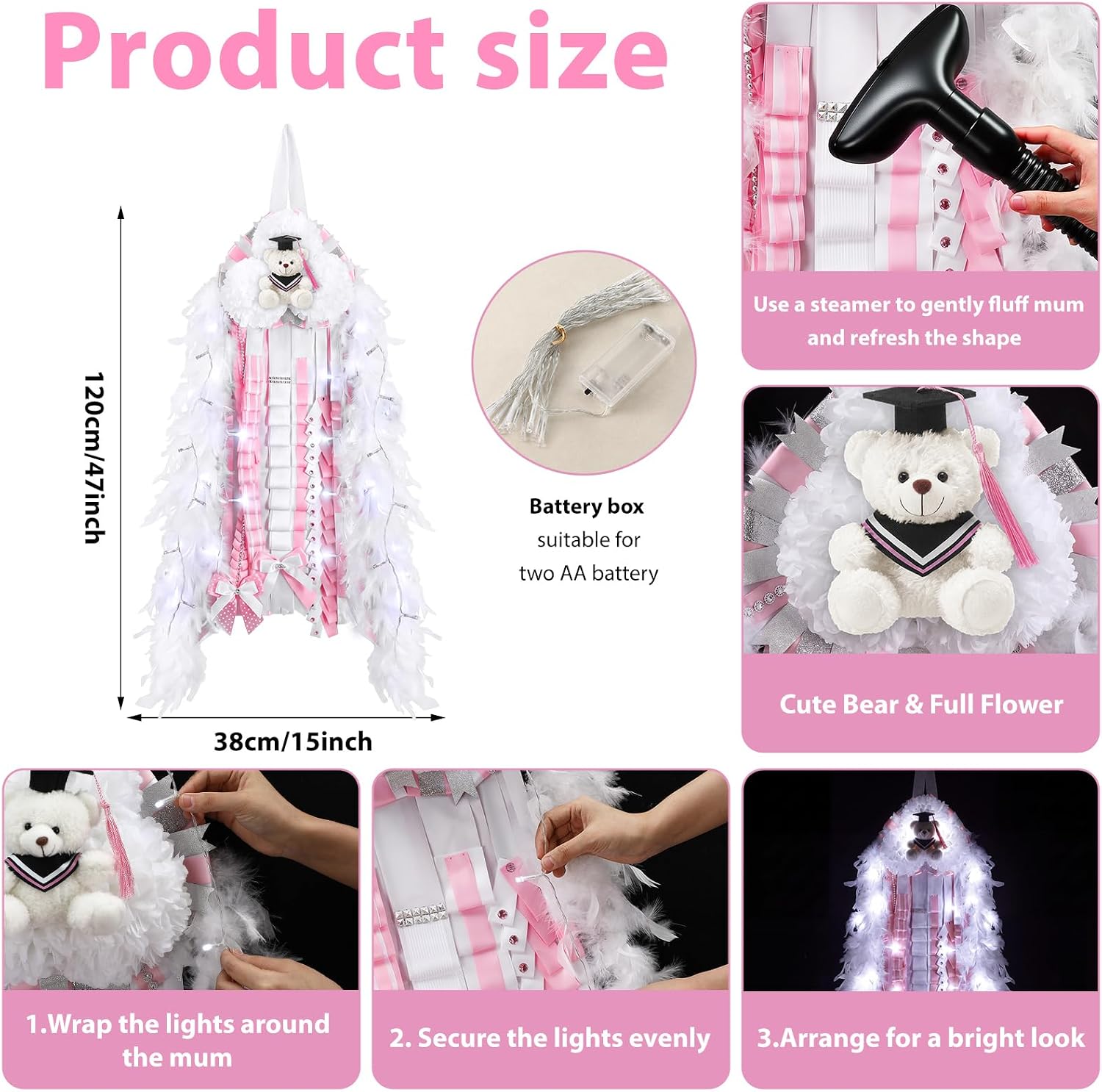 Birchmont 47 Inch LED Homecoming Mum with Graduation Bear, Pink and White, 8.64 ounces