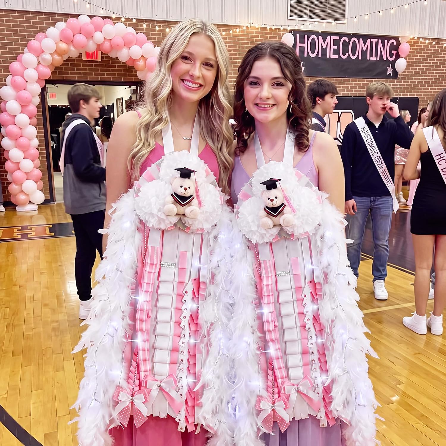 Birchmont 47 Inch LED Homecoming Mum with Graduation Bear, Pink and White, 8.64 ounces
