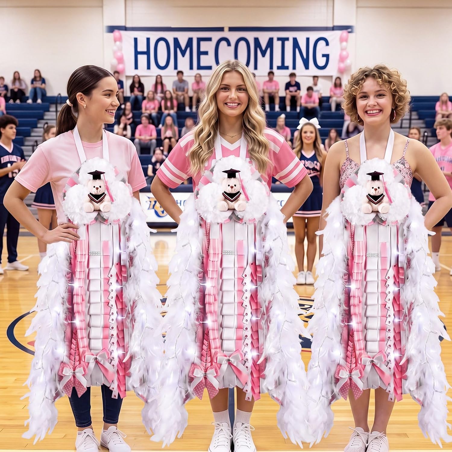 Birchmont 47 Inch LED Homecoming Mum with Graduation Bear, Pink and White, 8.64 ounces