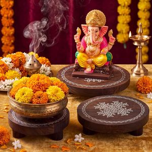 Aldernest 3 Pcs Diwali Wooden Pooja Stand Chowki, Round, 7.6" 6" 5", 1.2 pounds, brown