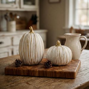 Oakmere Fall Pumpkin Decor, White & Gold Resin Pumpkins Decorative Pumpkin, 7.84 ounces, 4.1''L x 6.3''H, Cream White Gold Leaf, 2