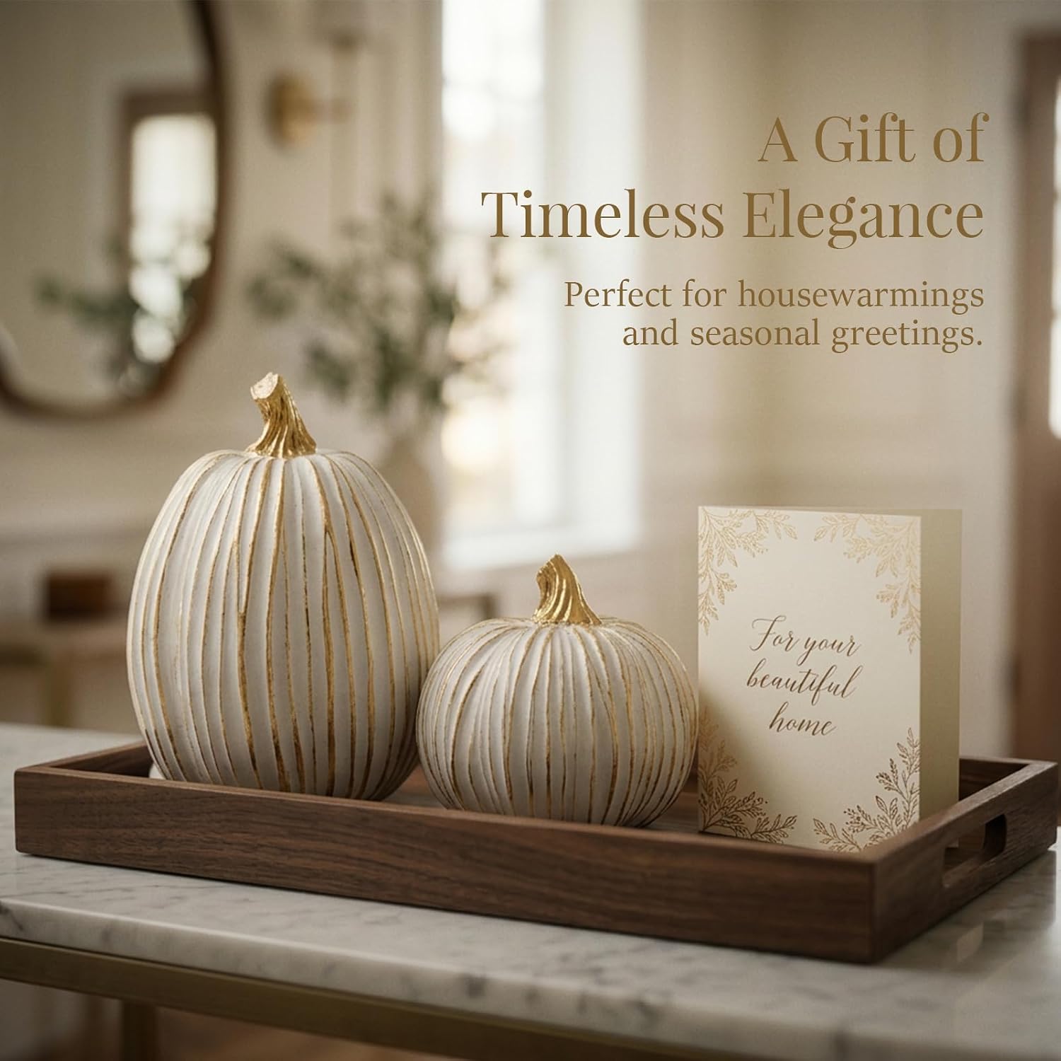 Oakmere Fall Pumpkin Decor, White & Gold Resin Pumpkins Decorative Pumpkin, 7.84 ounces, 4.1''L x 6.3''H, Cream White Gold Leaf, 2
