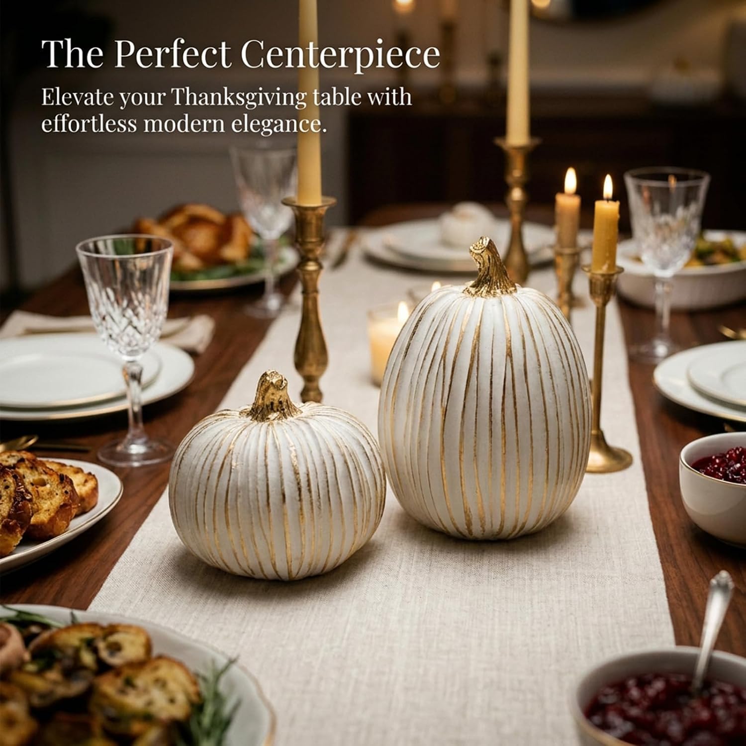 Oakmere Fall Pumpkin Decor, White & Gold Resin Pumpkins Decorative Pumpkin, 7.84 ounces, 4.1''L x 6.3''H, Cream White Gold Leaf, 2