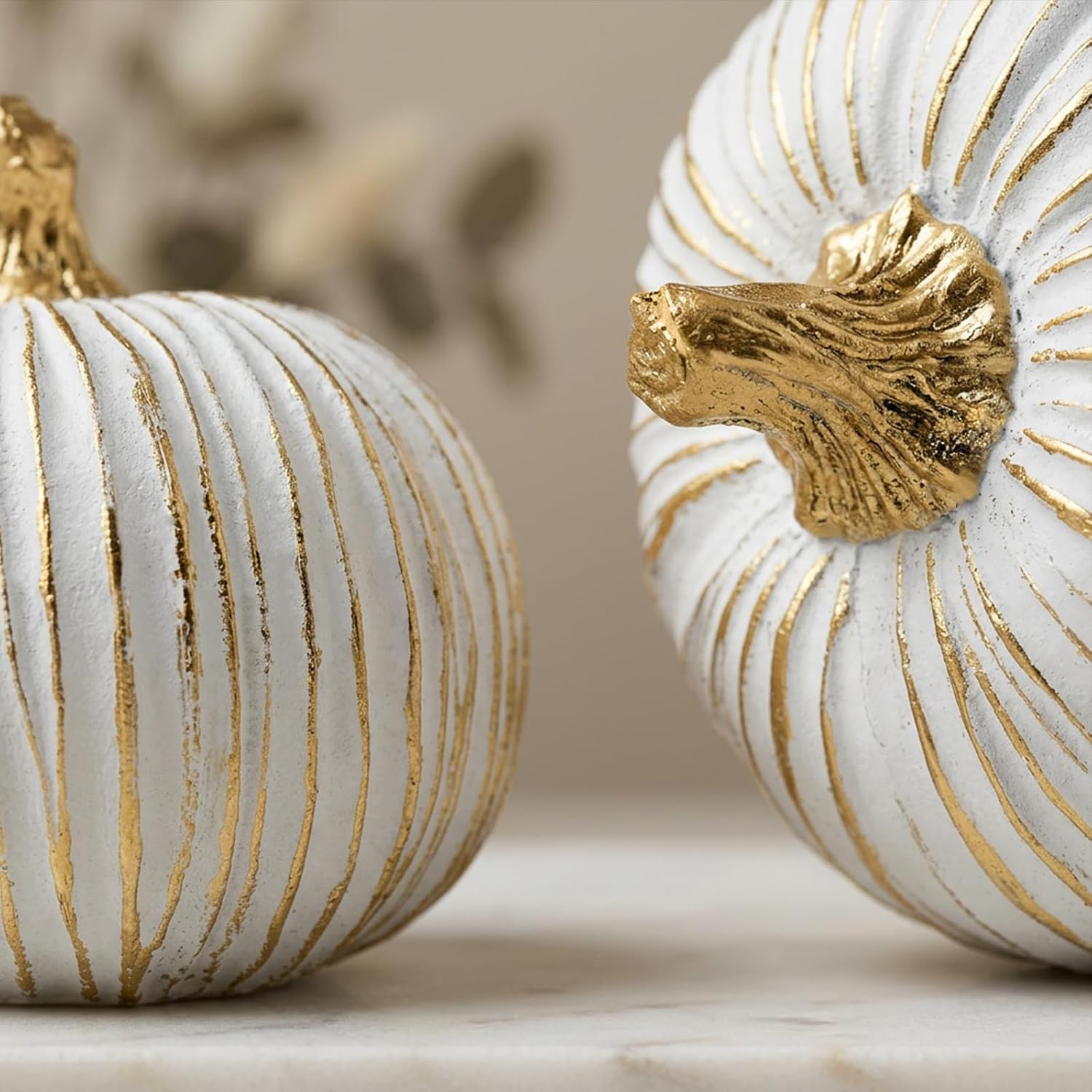 Oakmere Fall Pumpkin Decor, White & Gold Resin Pumpkins Decorative Pumpkin, 7.84 ounces, 4.1''L x 6.3''H, Cream White Gold Leaf, 2