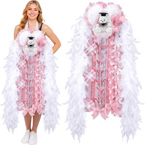 Birchmont 47" Homecoming Mum with Teddy Bear Bow Ribbon, Pink and White, 8.6 ounces