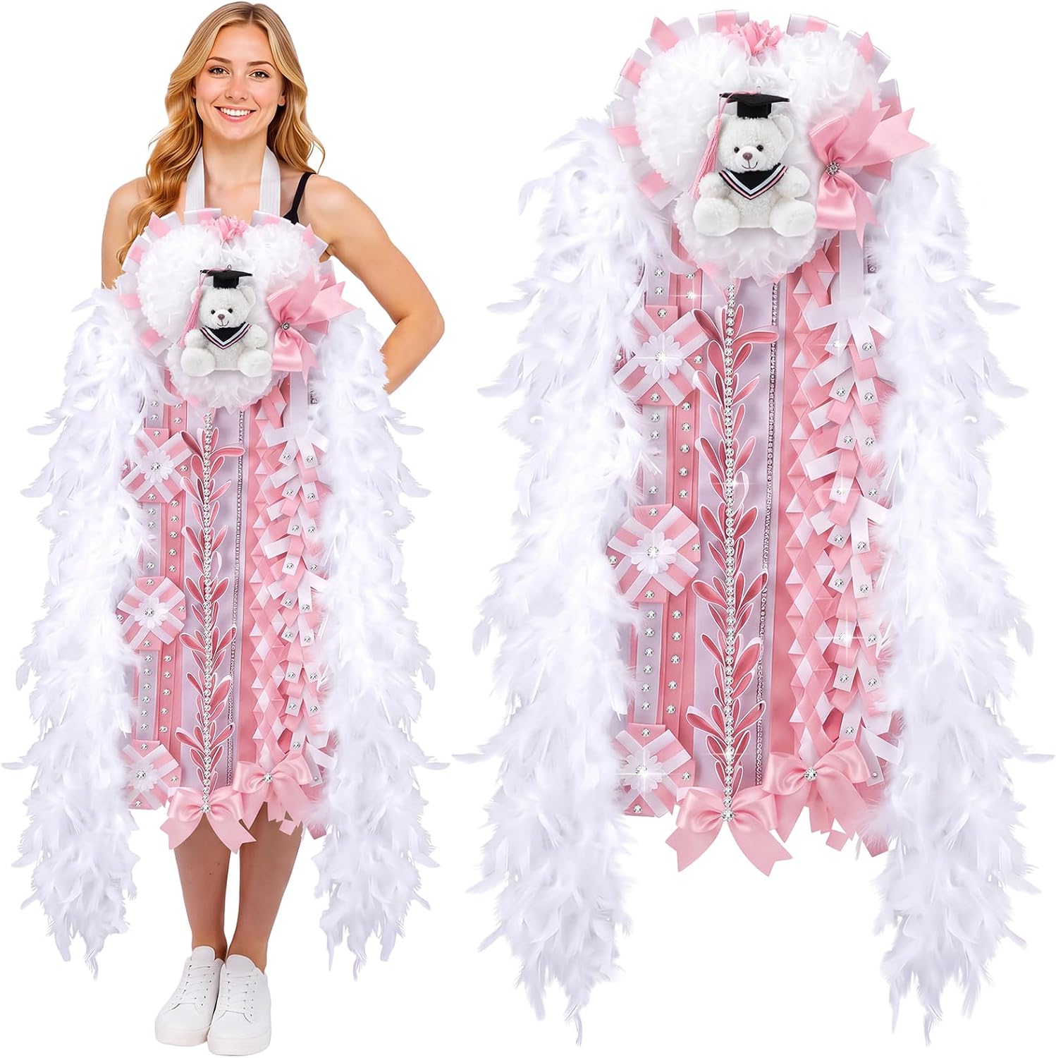 Birchmont 47" Homecoming Mum with Teddy Bear Bow Ribbon, Pink and White, 8.6 ounces
