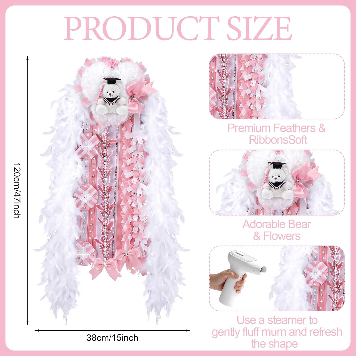 Birchmont 47" Homecoming Mum with Teddy Bear Bow Ribbon, Pink and White, 8.6 ounces