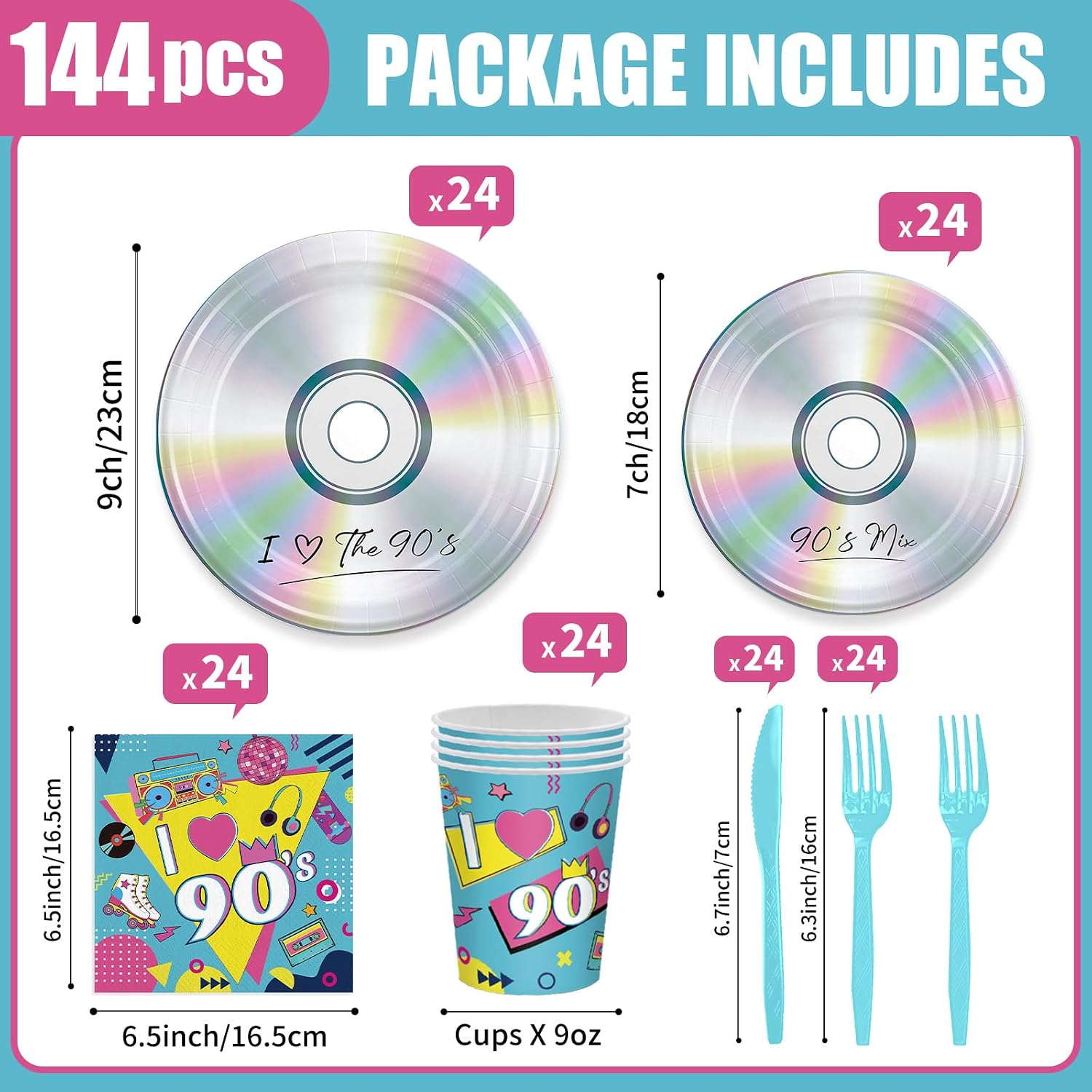 Ashenby 144PCS 90's Party Supplies for Birthday 90's Mix CD Theme Party Decorations I Love the 90s Tableware 300gsm Vintage Paper Plates Cups Napkins