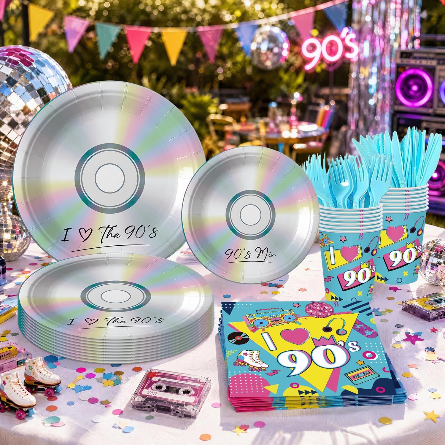 Ashenby 144PCS 90's Party Supplies for Birthday 90's Mix CD Theme Party Decorations I Love the 90s Tableware 300gsm Vintage Paper Plates Cups Napkins