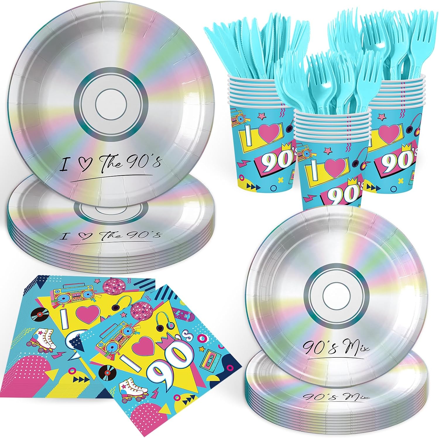 Ashenby 144PCS 90's Party Supplies for Birthday 90's Mix CD Theme Party Decorations I Love the 90s Tableware 300gsm Vintage Paper Plates Cups Napkins