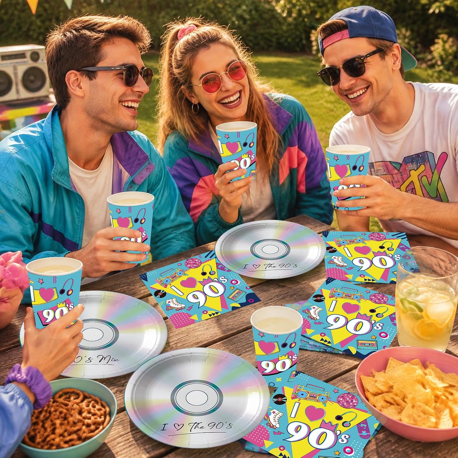 Ashenby 144PCS 90's Party Supplies for Birthday 90's Mix CD Theme Party Decorations I Love the 90s Tableware 300gsm Vintage Paper Plates Cups Napkins