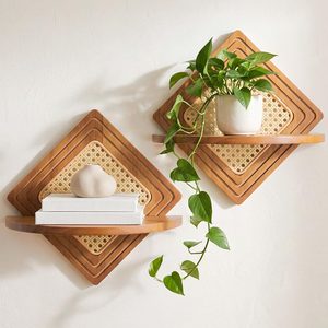 LumeraHome 2 Pack Quadrilateral Floating Shelf, Nature Boho Rattan Wall Shelf, 2.9 pounds, 13.39 x 13.39 inches, Nature Wood