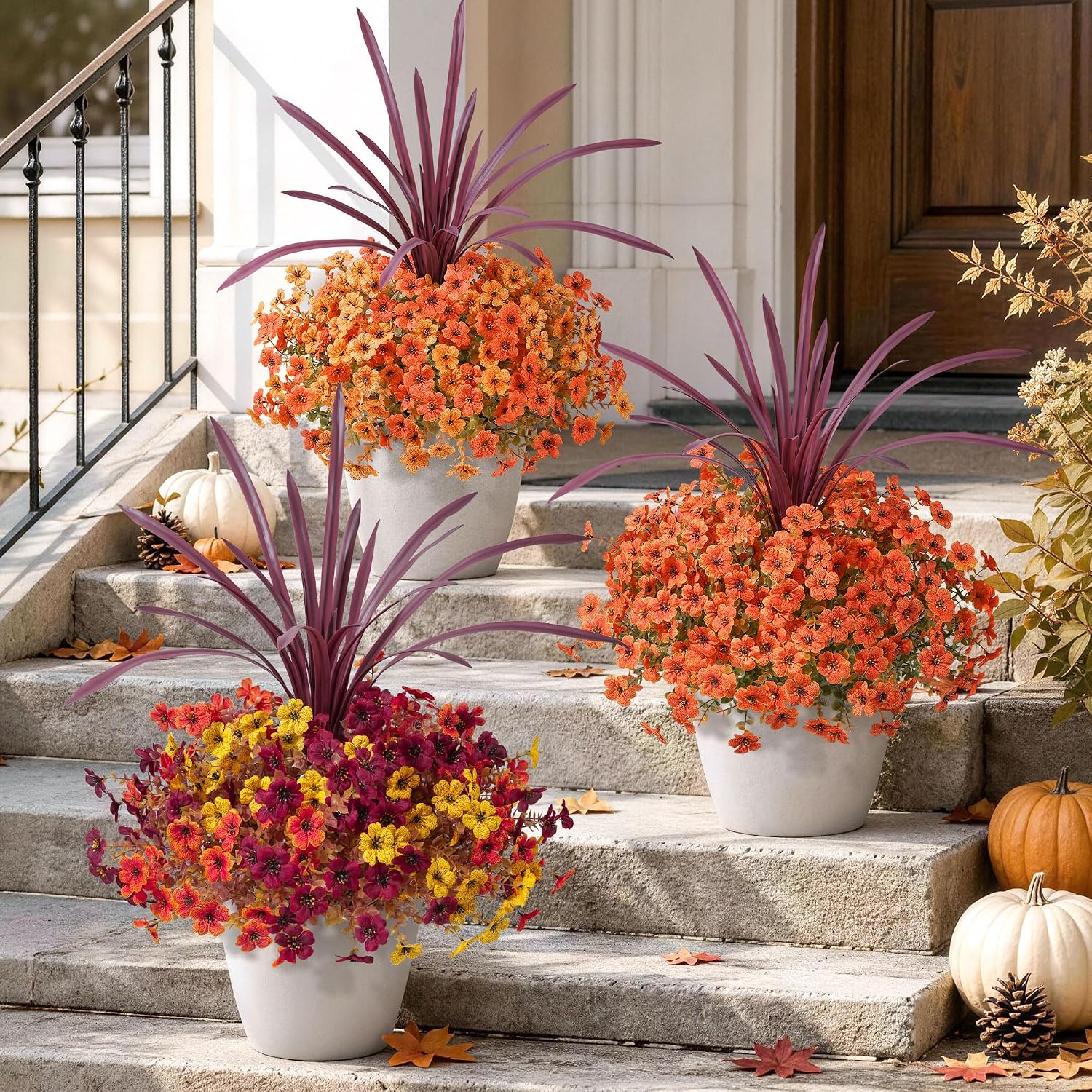 Ashenby Fall Artificial Mums for Outdoors 12 Pcs, UV Resistant Fall Flower, 8.8 ounces, Orange-fall, 13 Count