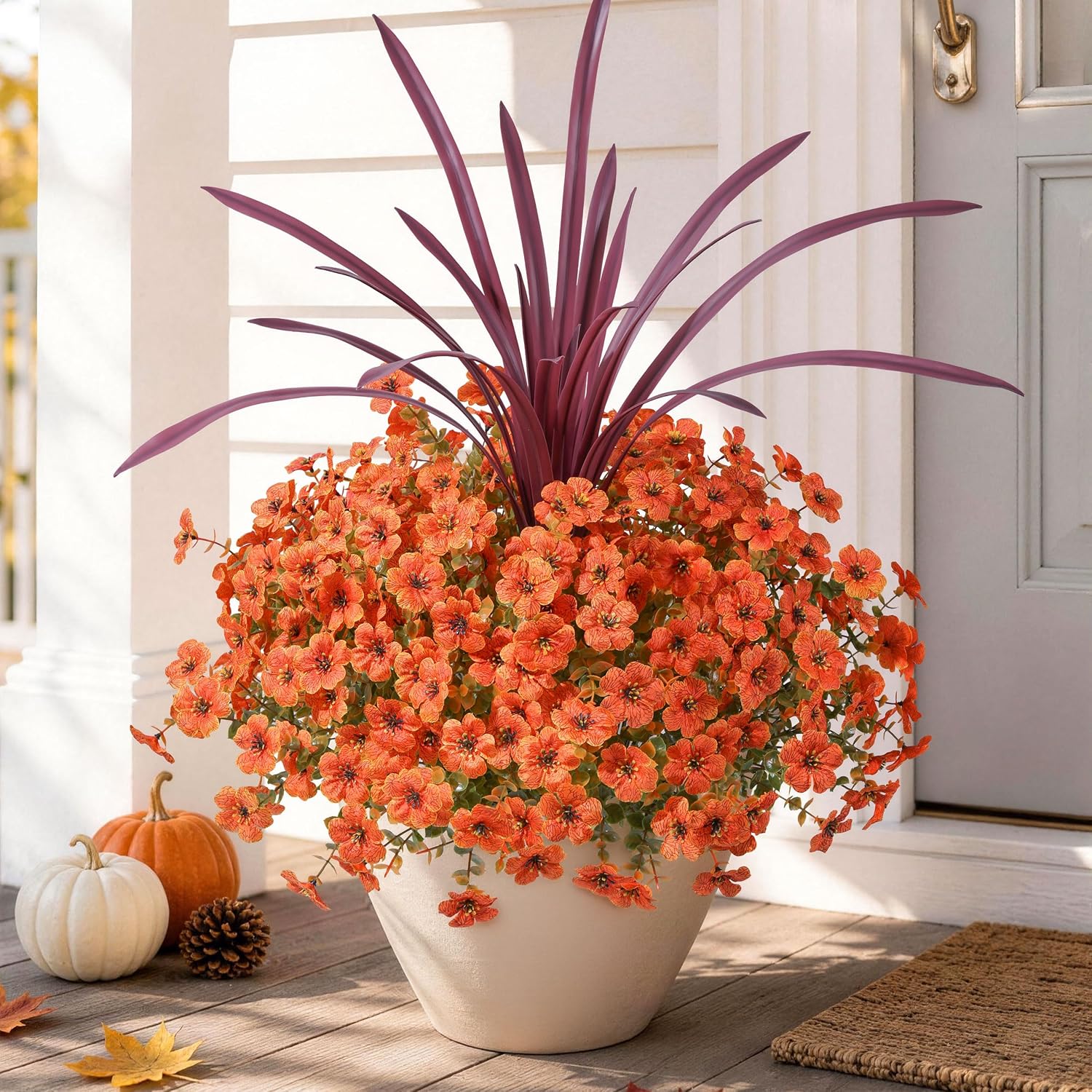 Ashenby Fall Artificial Mums for Outdoors 12 Pcs, UV Resistant Fall Flower, 8.8 ounces, Orange-fall, 13 Count