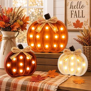 Aldernest 3 Pcs Fall Light up Pumpkin Decor Wooden Table Centerpiece, 4in+6in+8in, White, Orange, Brown