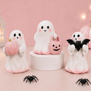 Tanglewick Halloween Ghost Decor, 3 Pcs Cute Pink Resin Ghost Figurines with Pumpkin, 10.4 ounces, Pink and White