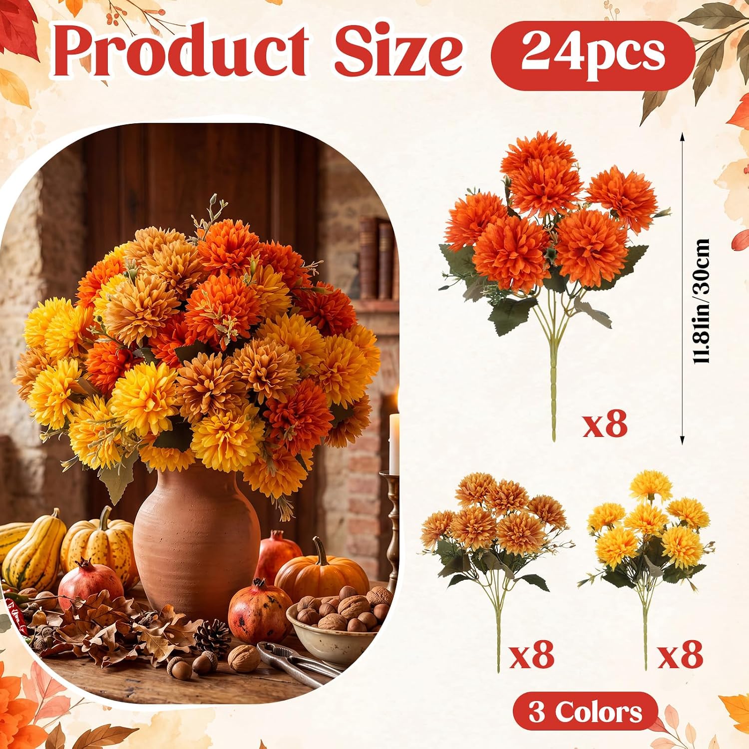 Ashenby 24 Pcs Artificial Fall Flowers Faux Silk Mums, Autumn Sunset, 2.2 pounds