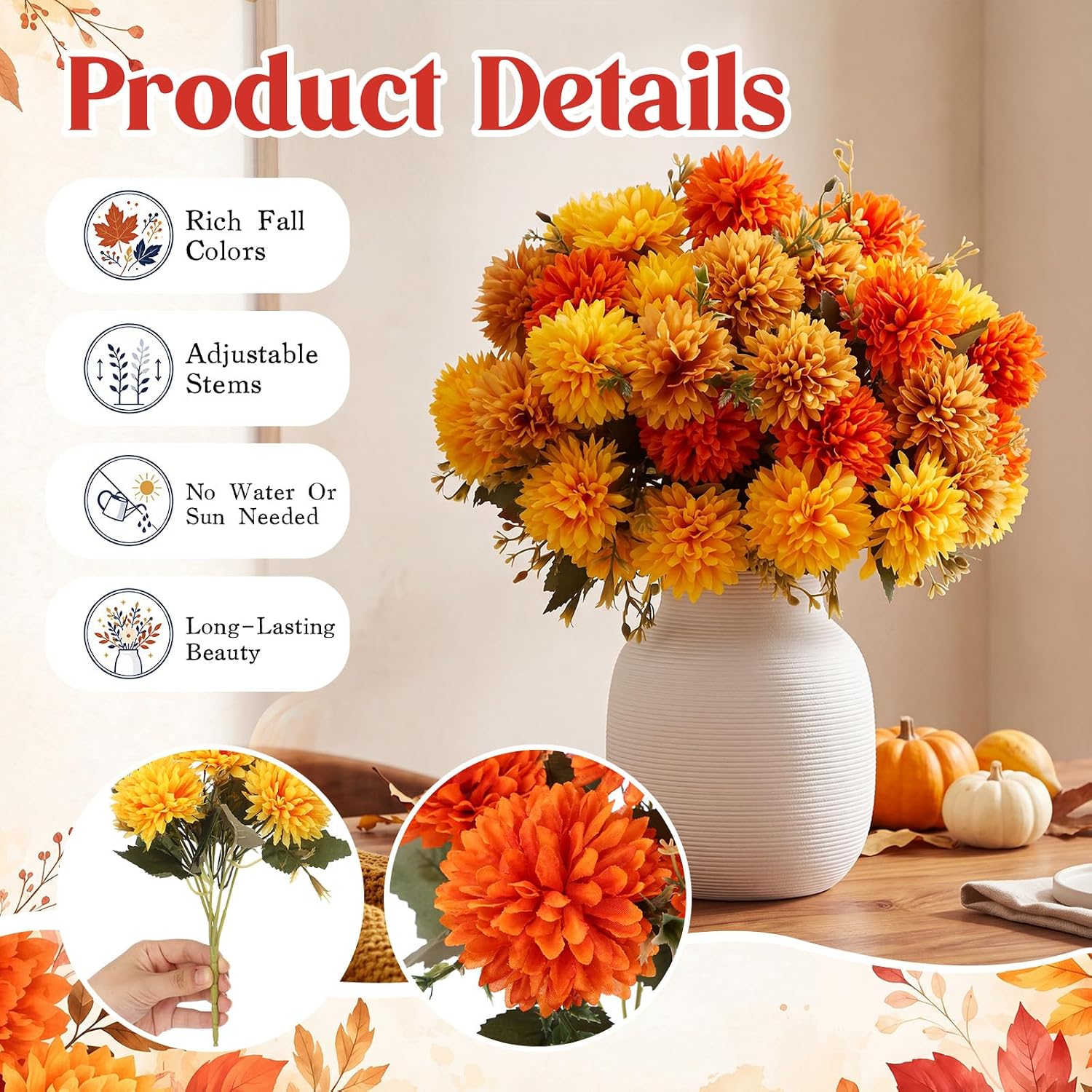Ashenby 24 Pcs Artificial Fall Flowers Faux Silk Mums, Autumn Sunset, 2.2 pounds