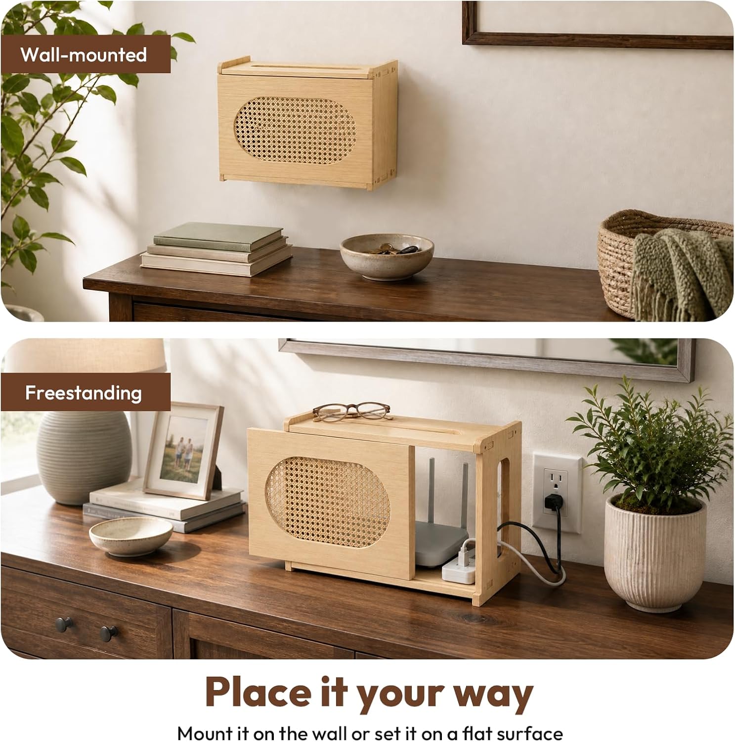 Barleyfield Wooden Wi-Fi Router Box Hider, Rattan Door, 2.5 pounds, Light Wood
