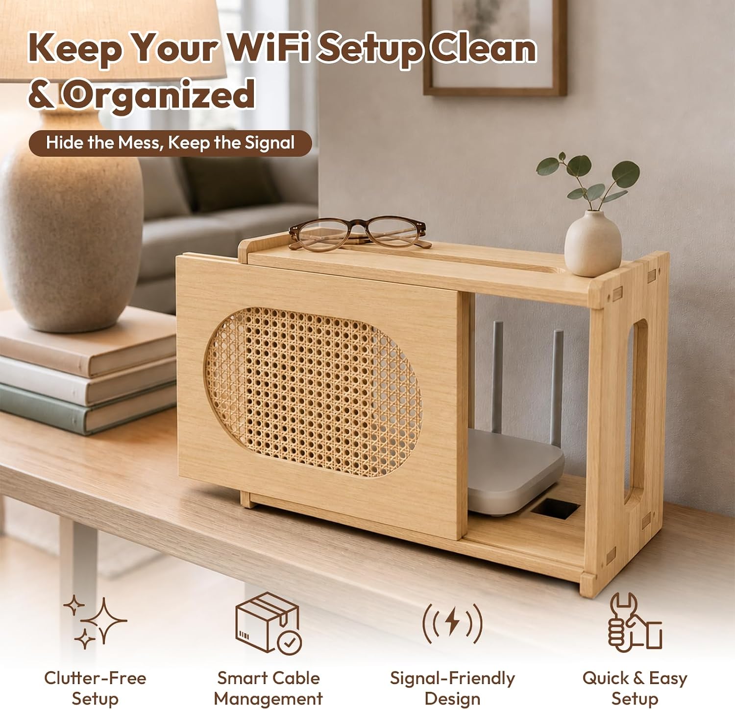 Barleyfield Wooden Wi-Fi Router Box Hider, Rattan Door, 2.5 pounds, Light Wood