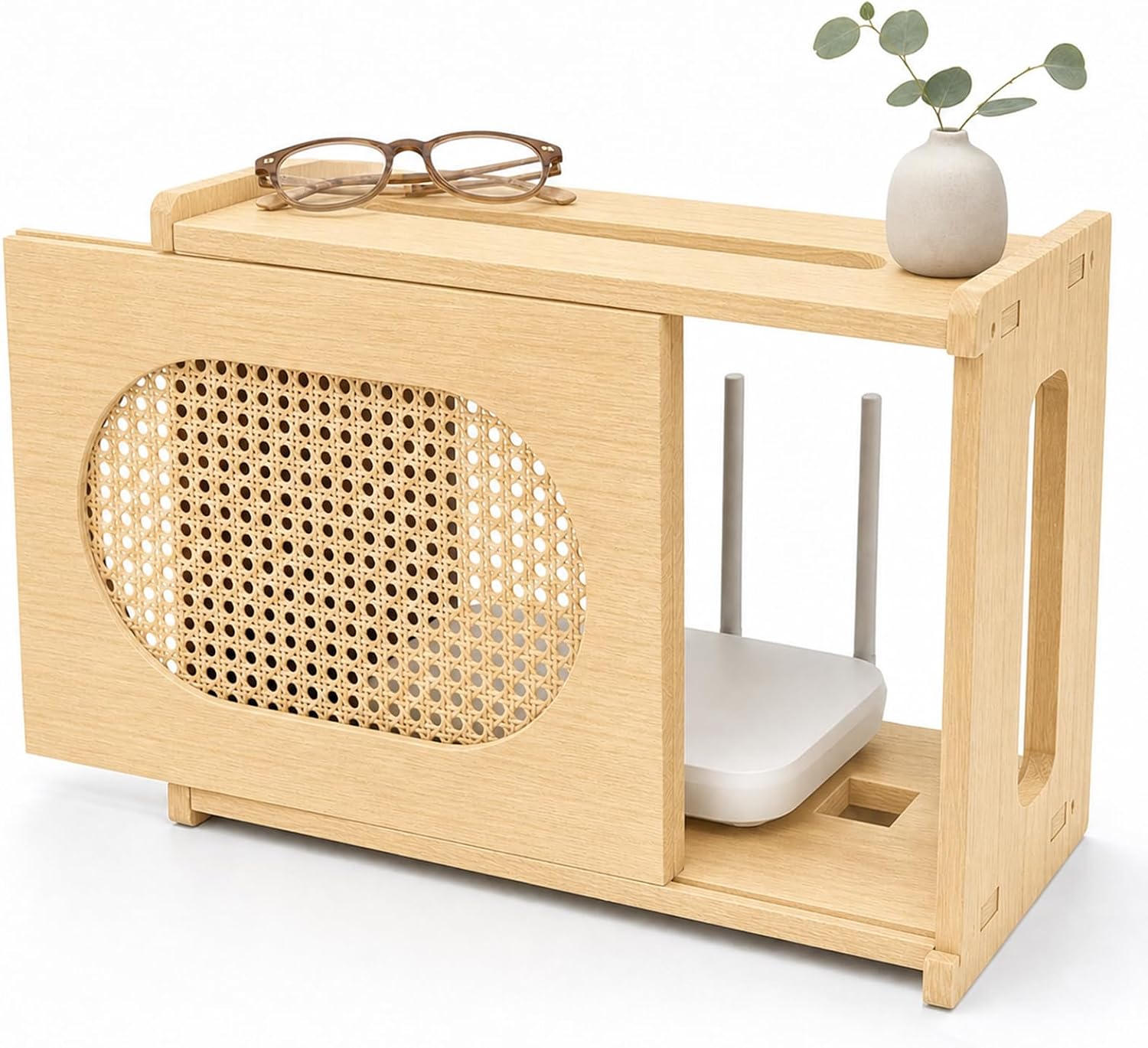 Barleyfield Wooden Wi-Fi Router Box Hider, Rattan Door, 2.5 pounds, Light Wood