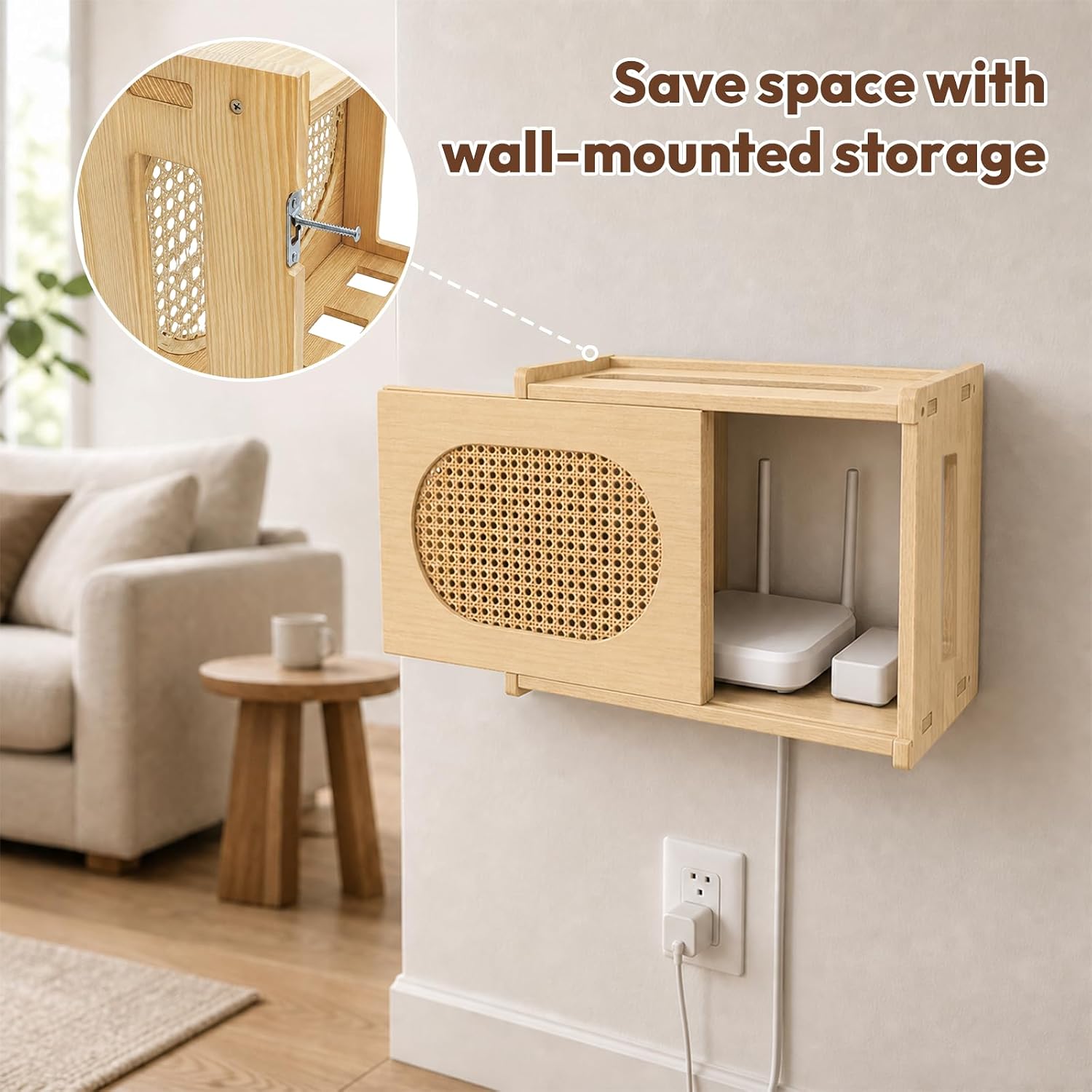 Barleyfield Wooden Wi-Fi Router Box Hider, Rattan Door, 2.5 pounds, Light Wood
