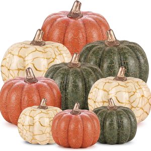 Aldernest 9 Pcs Autumn Artificial Foam Pumpkins, Assorted Sizes, 8.48 ounces, Orange White Light Green