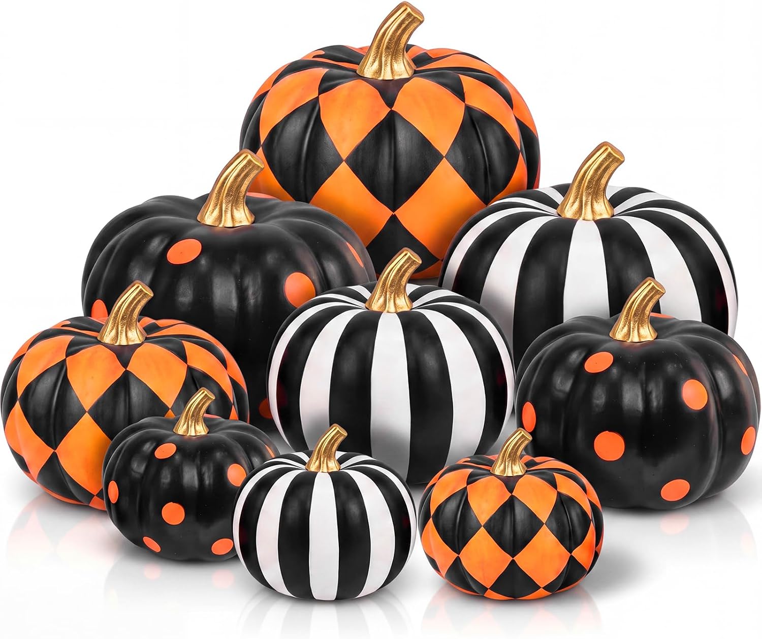 Aldernest 9 Pcs Halloween Artificial Foam Pumpkins Assorted Sizes, 7.84 ounces, Black White Orange