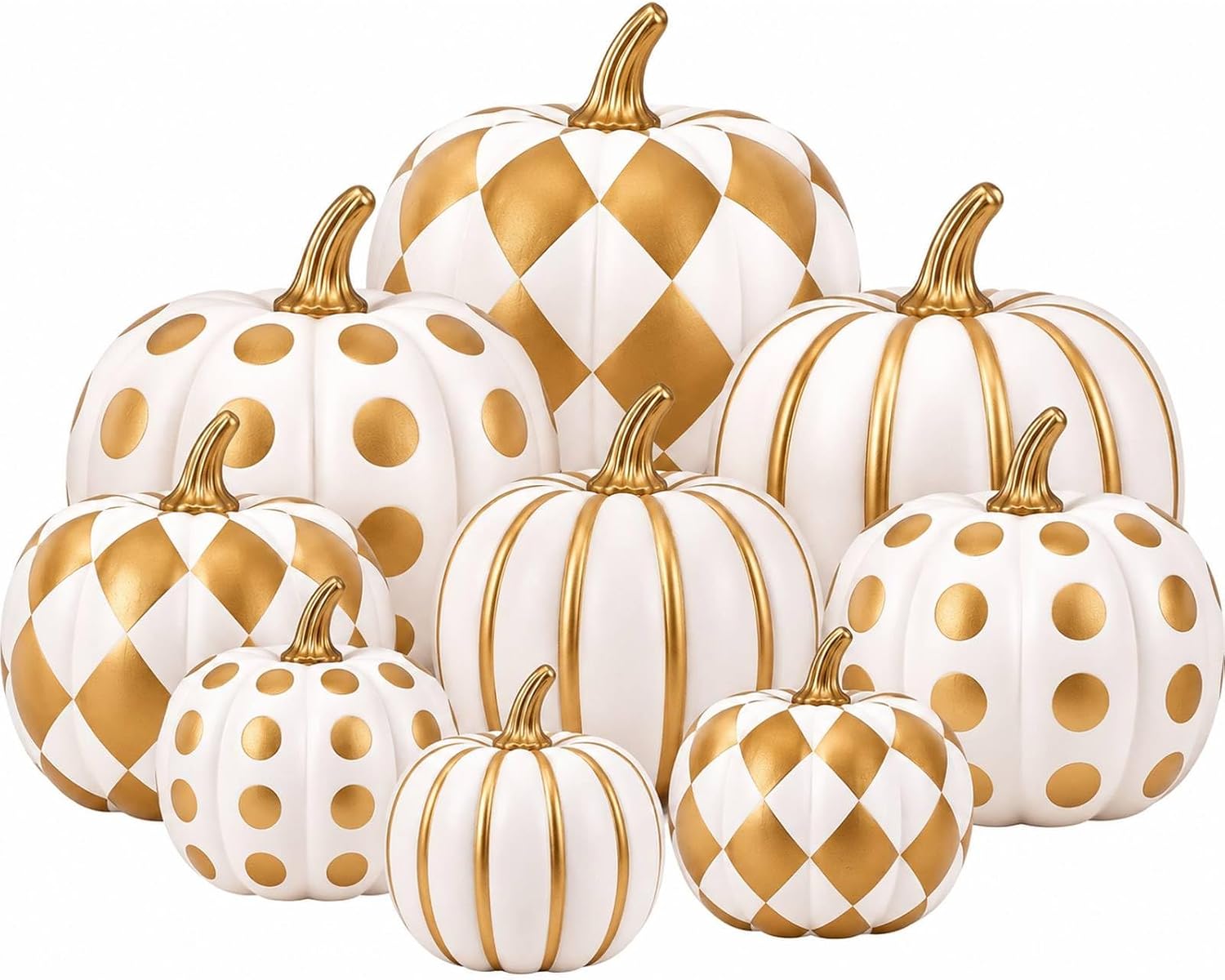 Aldernest 9 Pcs Fall Pumpkin Decor Gold Checkered Pumpkin Assorted Sizes, 8.8 ounces, White Gold