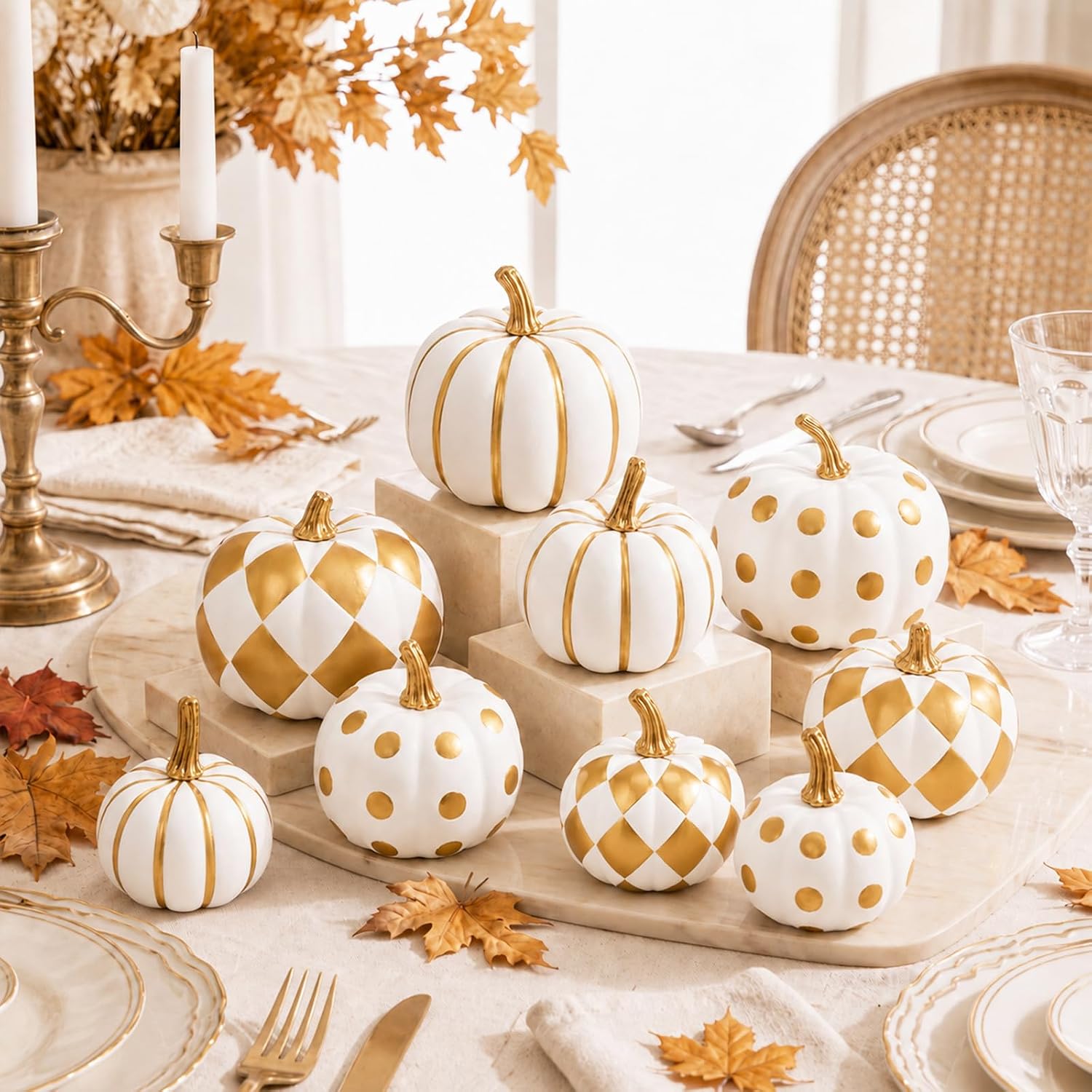 Aldernest 9 Pcs Fall Pumpkin Decor Gold Checkered Pumpkin Assorted Sizes, 8.8 ounces, White Gold