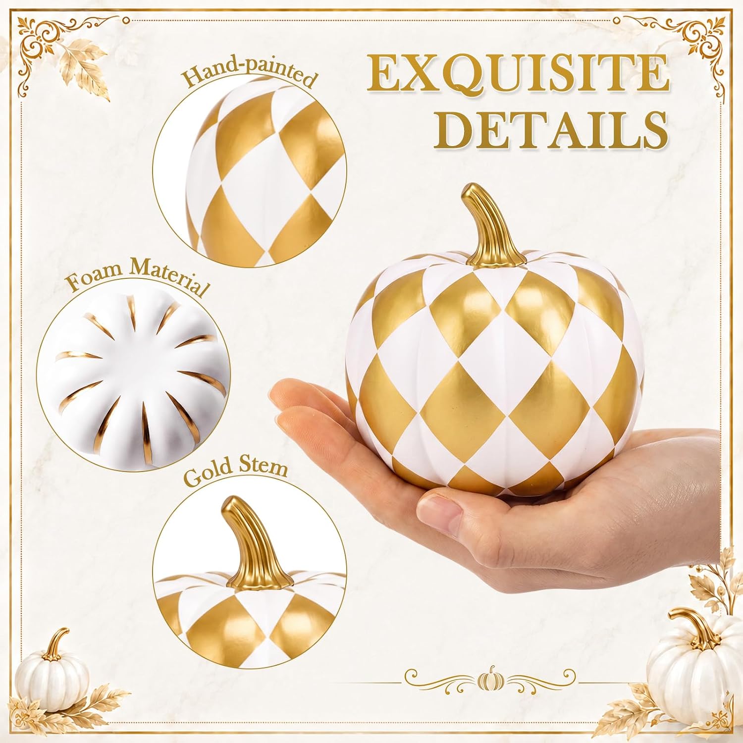 Aldernest 9 Pcs Fall Pumpkin Decor Gold Checkered Pumpkin Assorted Sizes, 8.8 ounces, White Gold
